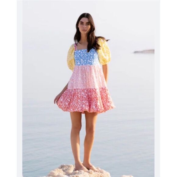 Oliphant Bubble Skirt Mini Dress Canary Multi-Color Balloon Short Puff Sleeve - Picture 16 of 16